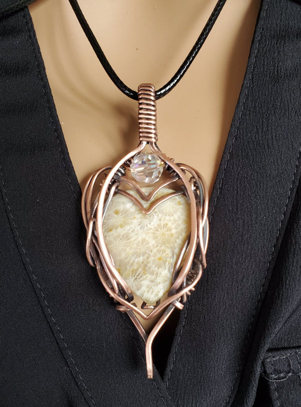 Natural fossil Coral gemstone Pendant in Pure Copper