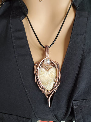 Natural fossil Coral gemstone Pendant in Pure Copper