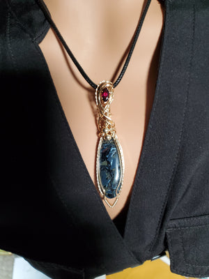 Blue Pietersite Gemstone w/ Garnet accent Pendant