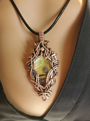 Colorful Shell Pendant Sculpted in Pure Copper Wire