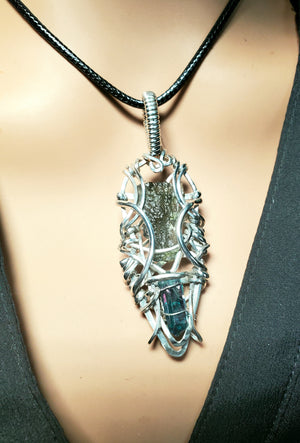 Genuine Czech Moldavite & Aqua Aura Crystal Pendant Hand Scuplted in Argentium Silver Wire