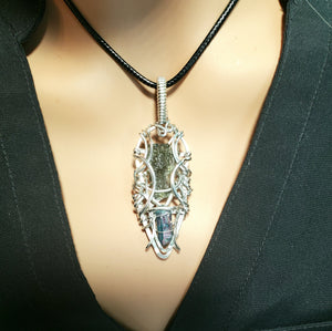 Genuine Czech Moldavite & Aqua Aura Crystal Pendant Hand Scuplted in Argentium Silver Wire