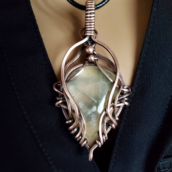 Light Green Prenhite Gemstone Pendant in Pure Copper Patina Wire