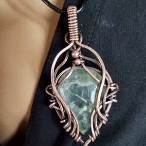 Light Green Prenhite Gemstone Pendant in Pure Copper Patina Wire
