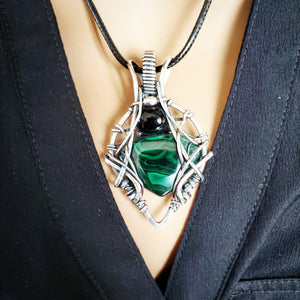 Malachite and Black Onyx Gemstone Wire Sculpted Pendant