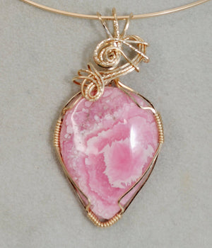 Pink Striped Rhodochrosite Pendant Hand-sculpted in Gold Filled Wire