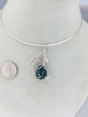 Blue Moss Agate Pendant Hand-sculpted in Argentium (anti-tarnish) .925 Sterling Silver Wire