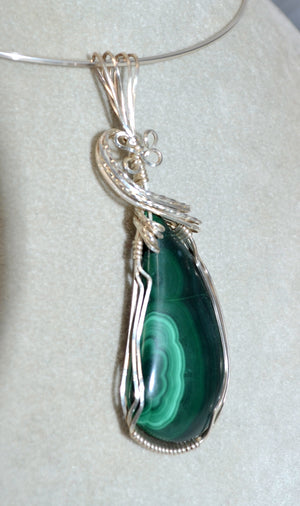 Gorgeous Green Malachite Gemstone Pendant Hand-sculpted in Argentium (anti-tarnish) Sterling Silver Wire