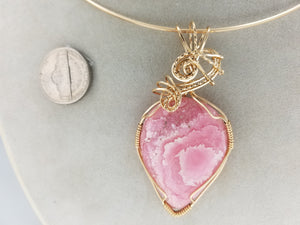 Pink Striped Rhodochrosite Pendant Hand-sculpted in Gold Filled Wire