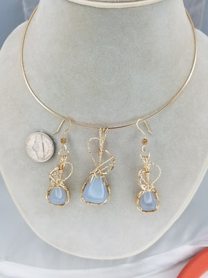 Light Blue Chaldecony Pendant and Earring set hand sculpted in 14kt gold filled wire