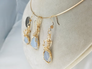 Light Blue Chaldecony Pendant and Earring set hand sculpted in 14kt gold filled wire