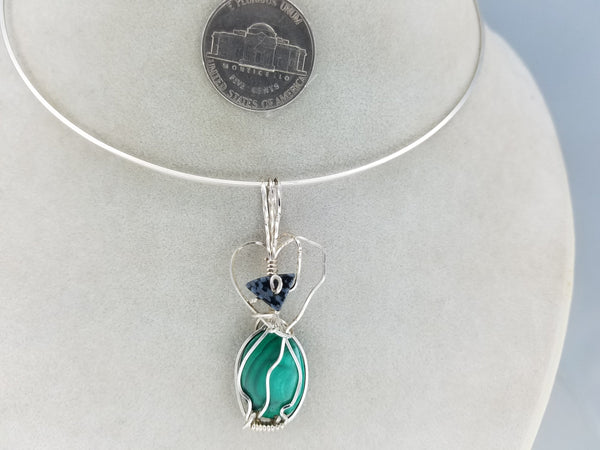 Unique Malachite and Snowflake Jasper Pendant Hand-sculpted in Argentium (anti-tarnish) .925 Sterling Silver Wire