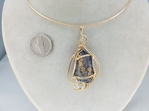 Terlingua Agate Gemstone Pendant Hand-sculpted in 14k Yellow Gold Filled Wire
