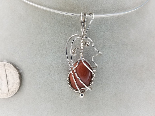 Brown GoldStone Pendant Hand-sculpted in Argentium (anti-tarnish) .925 Sterling Silver Wire