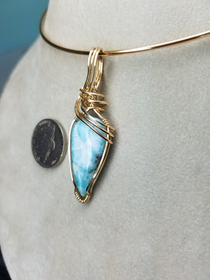 Unique Natural Dominican Larimar Gemstone Hand-scuplted in 14kt Yellow Gold-filled Wire