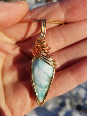 Unique Natural Dominican Larimar Gemstone Hand-scuplted in 14kt Yellow Gold-filled Wire