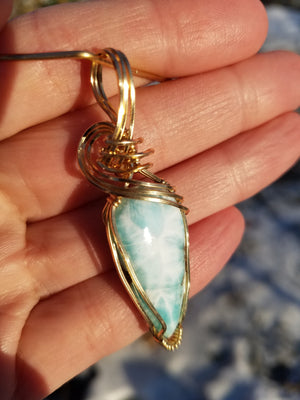 Unique Natural Dominican Larimar Gemstone Hand-scuplted in 14kt Yellow Gold-filled Wire