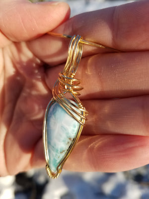 Unique Natural Dominican Larimar Gemstone Hand-scuplted in 14kt Yellow Gold-filled Wire