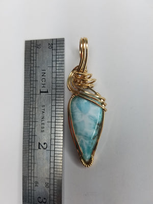 Unique Natural Dominican Larimar Gemstone Hand-scuplted in 14kt Yellow Gold-filled Wire