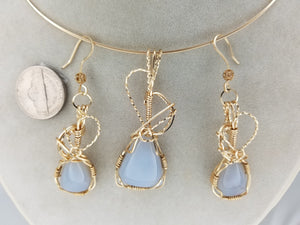 Light Blue Chaldecony Pendant and Earring set hand sculpted in 14kt gold filled wire