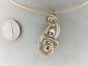 White Topaz Pendant hand sculpted in 2 tone- Sterling Silver .925 and 14 kt yellow gold filled wire