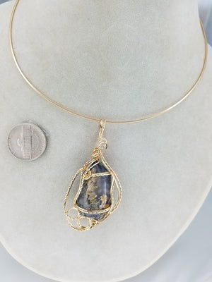 Terlingua Agate Gemstone Pendant Hand-sculpted in 14k Yellow Gold Filled Wire