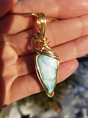 Unique Natural Dominican Larimar Gemstone Hand-scuplted in 14kt Yellow Gold-filled Wire