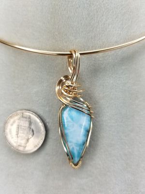 Unique Natural Dominican Larimar Gemstone Hand-scuplted in 14kt Yellow Gold-filled Wire