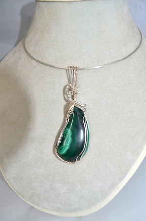 Gorgeous Green Malachite Gemstone Pendant Hand-sculpted in Argentium (anti-tarnish) Sterling Silver Wire