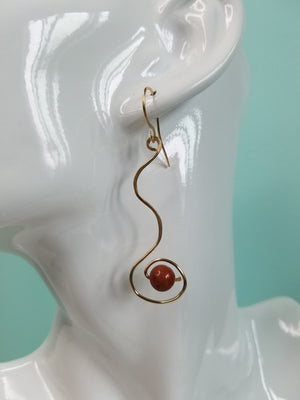 14kt Gold Filled  Swirly Dangle Earrings With Brown Goldstone Beads