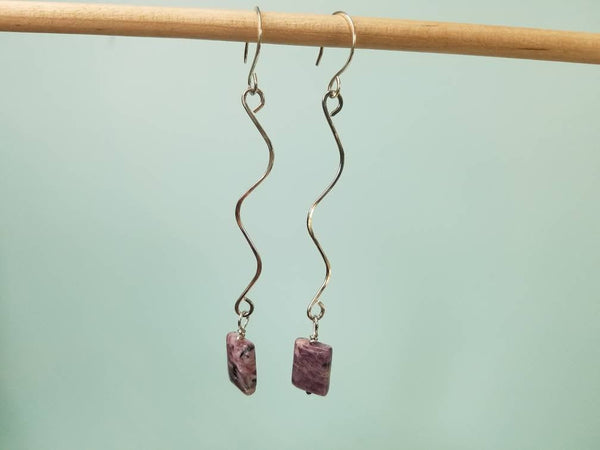 Long & Simple Drop Earrings with a Natural Charoite Drop Bead hand sculpted in Argentium Silver (tarnish resistant)