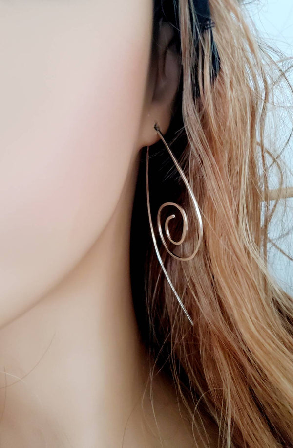 Long Spiral Minimalist Threader Earrings hand sculpted in Argentium Silver (tarnish resistant)