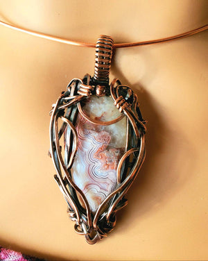 Crazy Lace Agate Gemstone Hand Sculpted in Pure Copper Wire