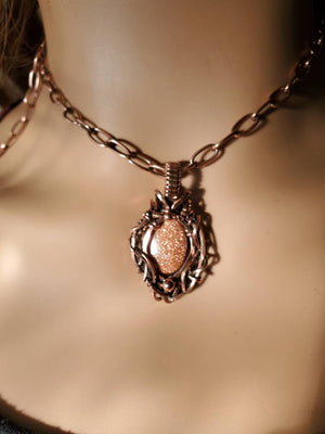 Shimmery Brown Goldstone Gemstone Hand Sculpted in Pure Copper Patina Wire