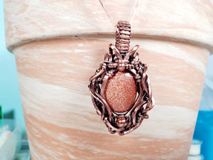 Shimmery Brown Goldstone Gemstone Hand Sculpted in Pure Copper Patina Wire