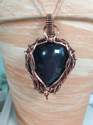 Black Rainbow Obsidian Gemstone Pendant Hand-Sculpted in Pure Copper Wire