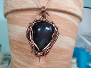 Black Rainbow Obsidian Gemstone Pendant Hand-Sculpted in Pure Copper Wire