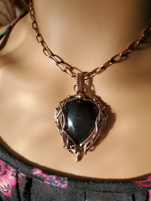 Black Rainbow Obsidian Gemstone Pendant Hand-Sculpted in Pure Copper Wire